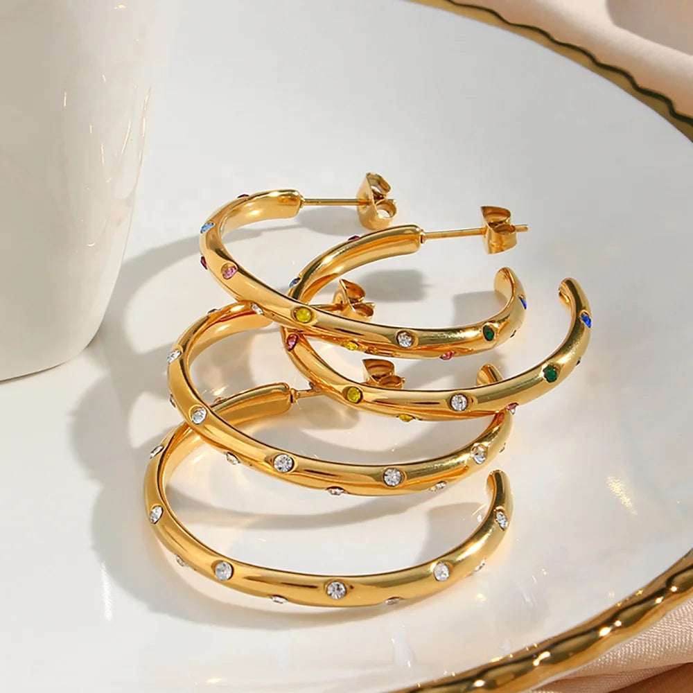 Summer Jewelry Colorful Zircon Gold Hoop Earrings Gold Plated Large Hoop Earrings Stainless Steel Statement Earrings
