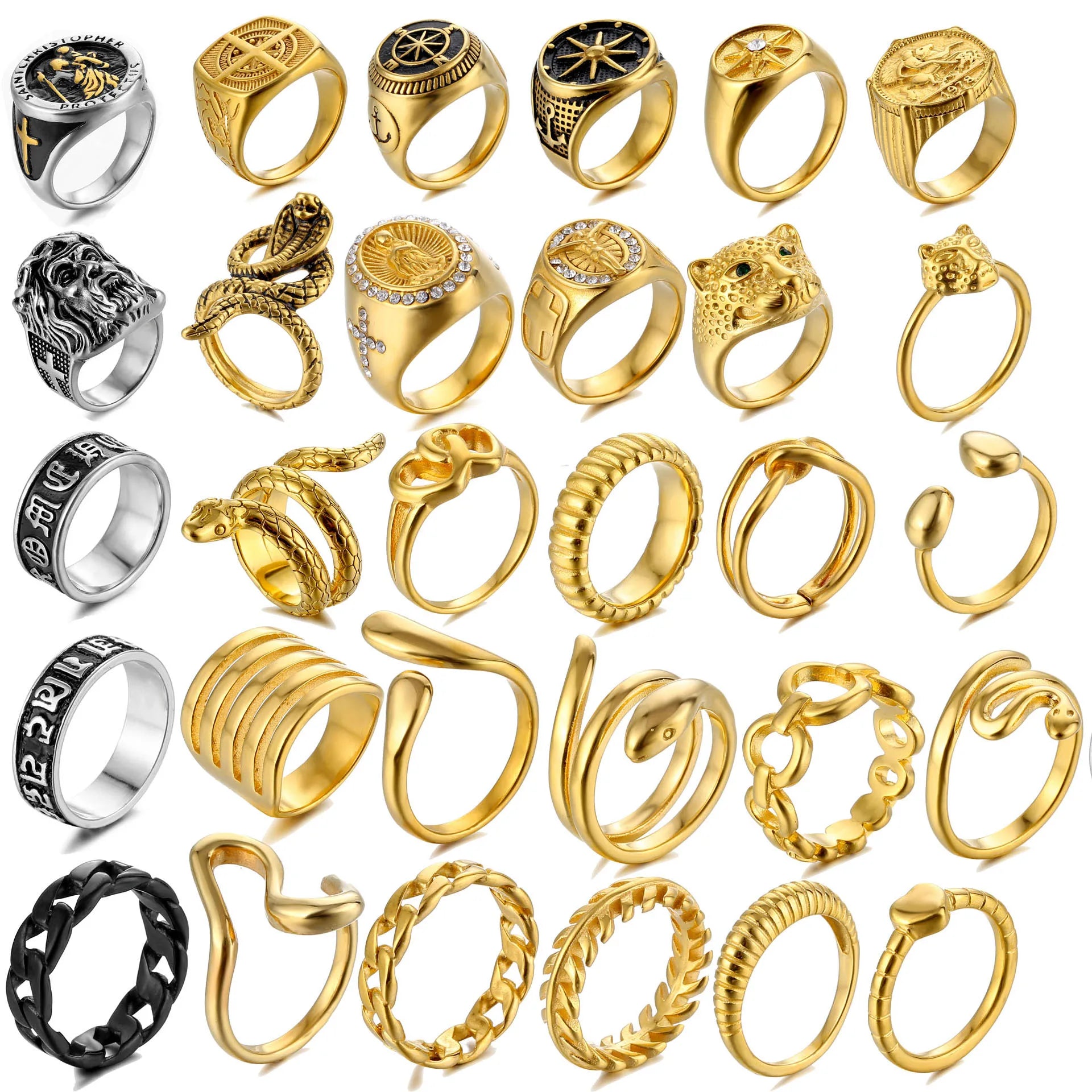 18k Gold Plated Custom Signet Ring Wholesale Cheap Saint Christopher Ring Stainless Steel Compass Men Rings Jewelry Tarnish Free