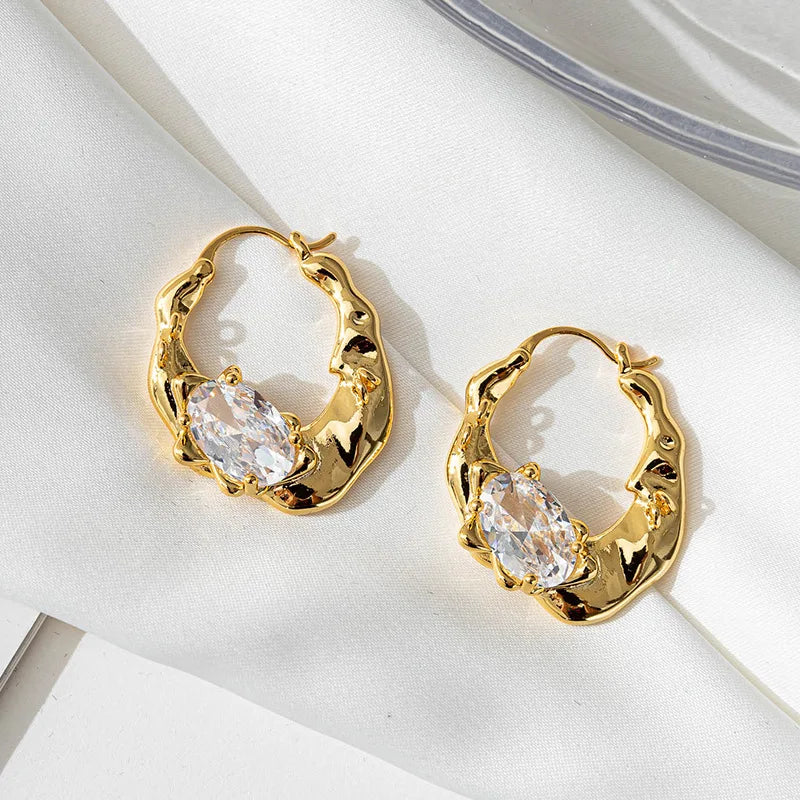 European and American Vintage Geometric Irregular Metal Inlaid Zircon Big Earrings for Women Fashion 18K Gold Earrings
