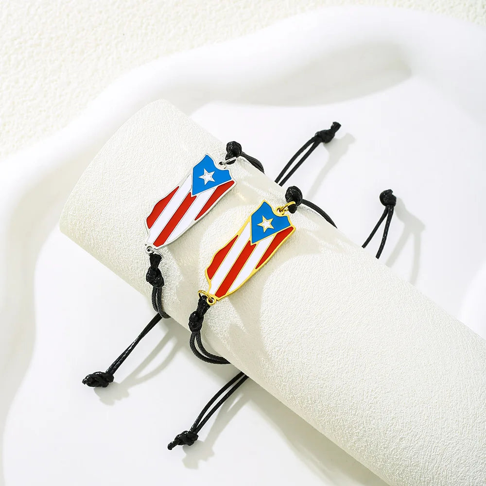 18K Gold Plated Enamel  Puerto Rican Flag Charm Bracelet Stainless Steel Enamel Puerto Rico Map Charm Macrame Rope Cord Bracelet