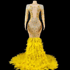 Elegant See Through Rhinestone Feathers Ball Gown Plus Size Long Birthday Party Dress Women Mermaid Wedding Guest Evening Dress