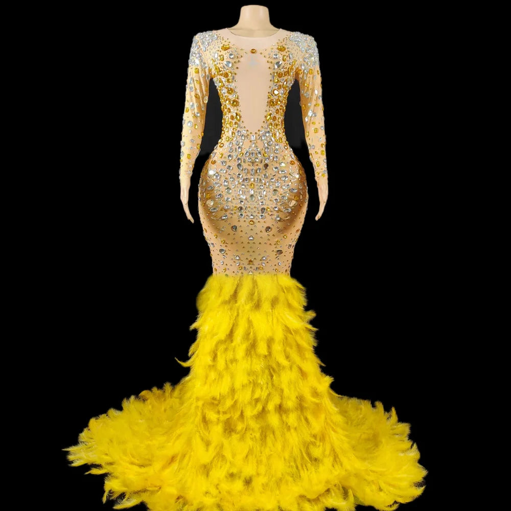 Elegant See Through Rhinestone Feathers Ball Gown Plus Size Long Birthday Party Dress Women Mermaid Wedding Guest Evening Dress
