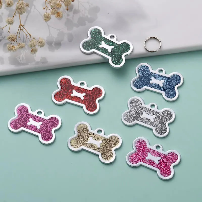 Customized Luxury Pet ID Name Tags Bling Glitter Bone Shape Necklace Pendant Waterproof Engraved Metallic Cat Dog Tag Collar