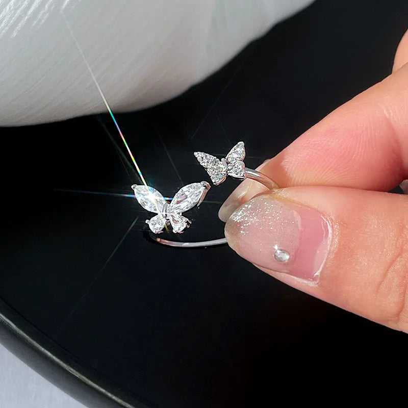 Shiny Cubic Zircon Adjustable 925 Sterling Silver Butterfly Finger Ring for Women Fine Jewelry