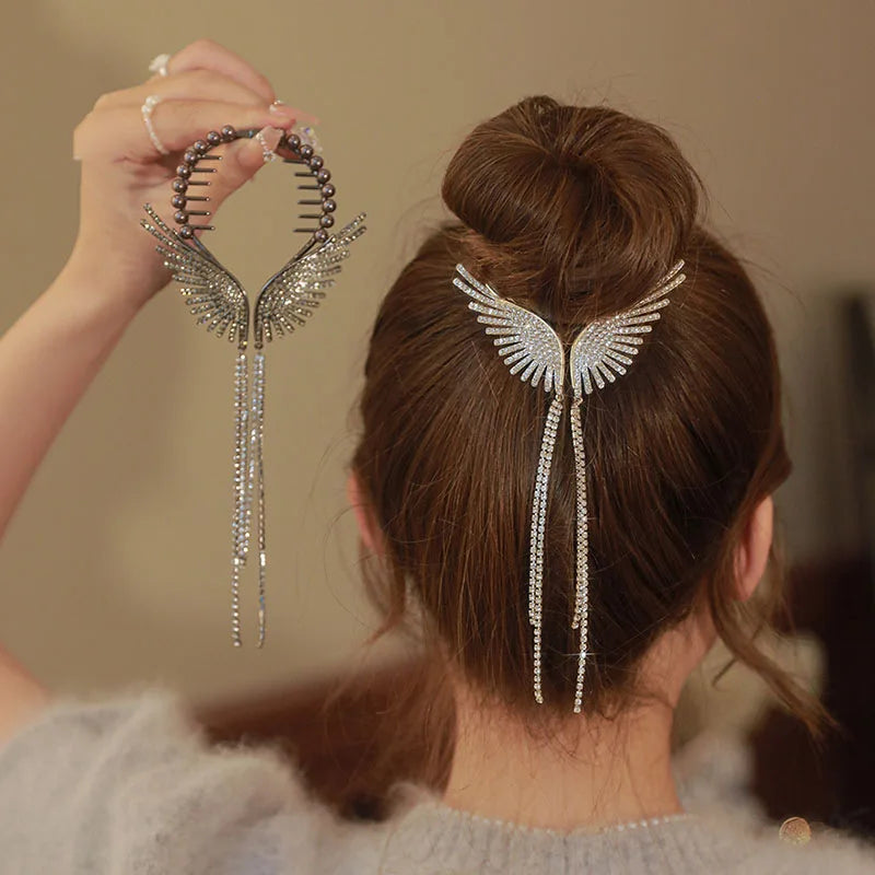 Shiny Pearl Rhinestone Ponytail Shark Clip Metal Head Ornament Hair Claw Catch Hairpin with Angel Wing Tassel Back Shark Hairpin