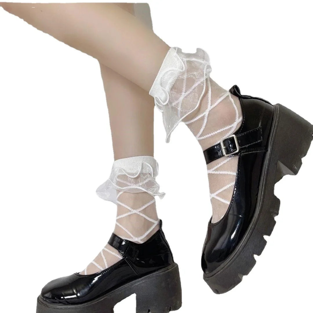 MIO Japanese Style New Organza Bow Socks Fashion Cross Pattern Lolita Pearl Lace Ruffle Socks Princess Lace Socks for Girls