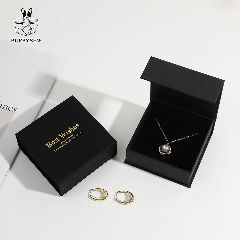 PUPPYSEW 9*9*3.5cm Black  Luxury Flip Magnetic Necklace Jewelry Box with logo Cardboard Bracelet Ring  Necklace Jewelry Box