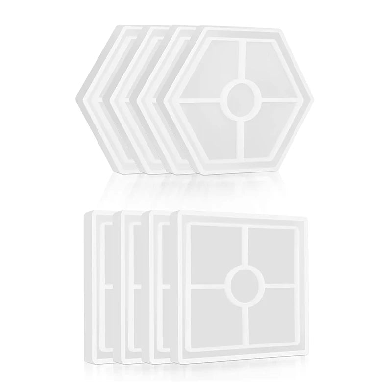 8Pcs Coaster Molds for Resin Casting Resin Coaster Molds Including 4 Square and 4 Hexagon Epoxy Silicone Molds