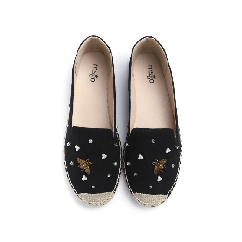 The Fashion Lady Popular Bee Buckle Little Shining Diamond Microfiber Upper Pu Soft Insole Espadrilles Flat Shoes