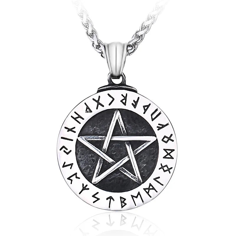 SS8-275P Stainless Norse Viking Pendant Necklace Large Rune Pentacle Pendant Pentagram Jewelry Wiccan Necklace Norse Star Chain