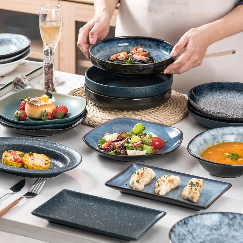 Retro Minimalism Style Dinnerware Set Round Porcelain Blue Marbling Tableware Plates Dish Set Ceramic Dinner Plate