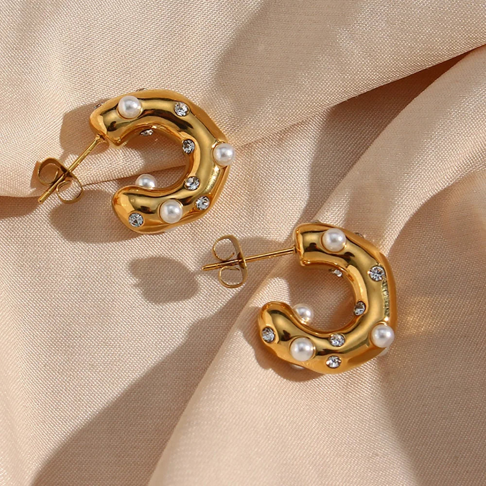 Drop Shipping Chunky New Design Pearl & Zircon Gold Hoop Earrings 18K Gold Plated Stainless Steel Earring Women Jewekry
