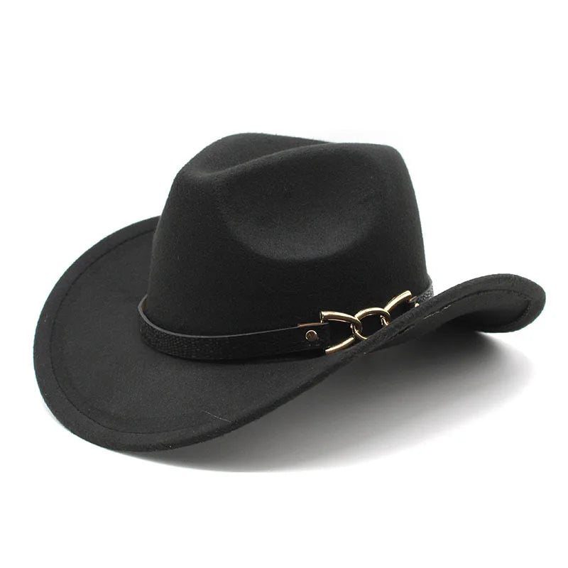 Fashion Trendy Autumn Winter Fashion Women Men Western Cowboy Hat With Metal Buckle Chain Belt
