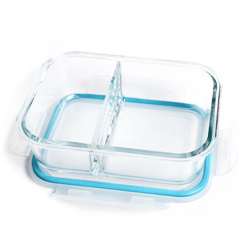 JM Heatable Airtight Glass Food Containers with 2-Tier Compartment Clear Bento Box for Microwave Safe Lunch Packaging