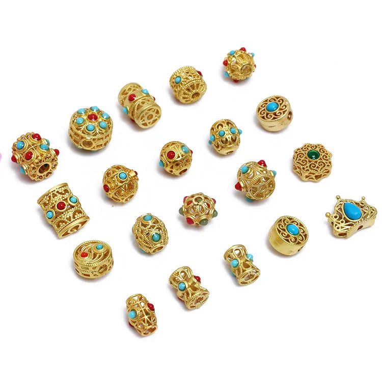 JF8736 Ethnic Tribal Nepalese Jewelry Beads Matte Gold Plated Inlay with Red & Turquoise  Metal Alloy Loose Beads