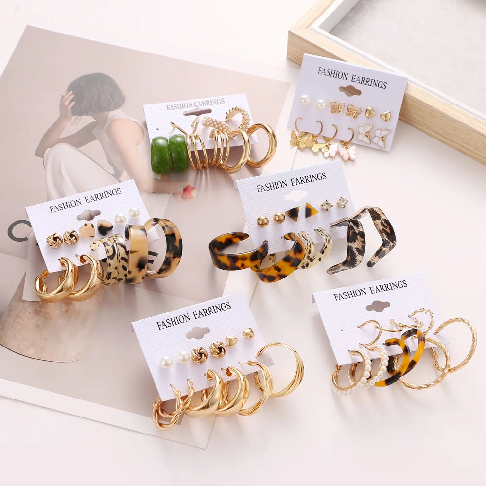 Love Butterfly Leopard Print Acetic Acid Plate Diamond Charm Women Hoop Earrings Sets 2023 Fashion Jewelry Pearl Acrylic Trendy
