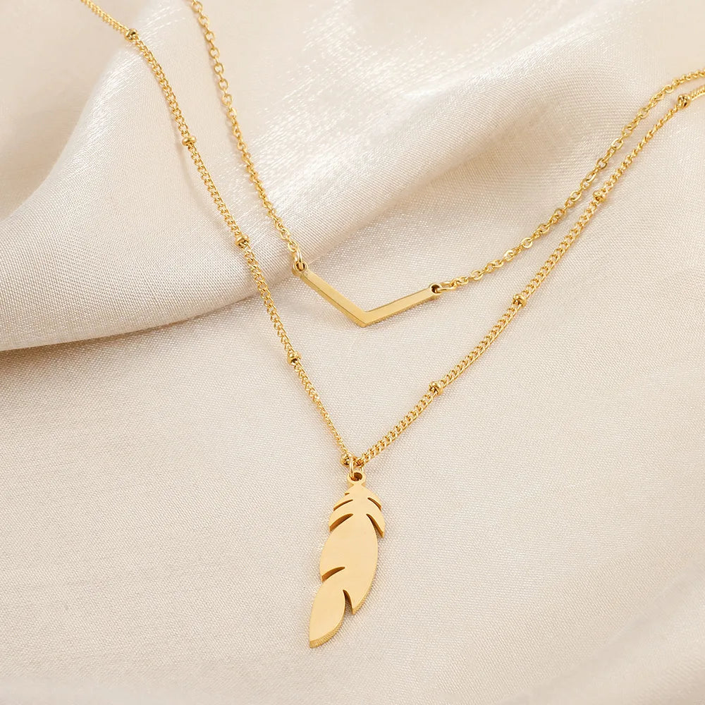 Dainty Minimalist Double Layer Stainless Steel Feather Shape Chain Necklace