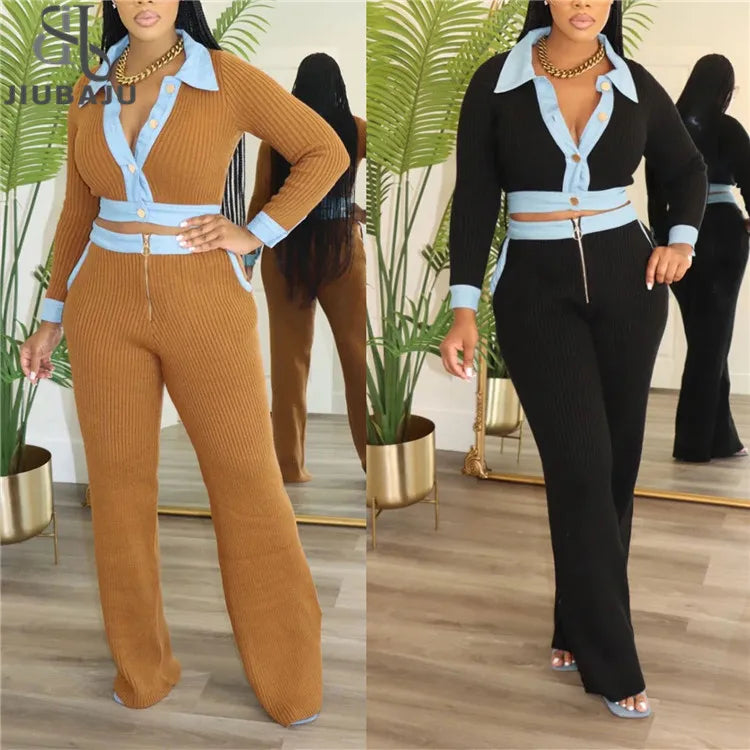 Rib Knit 2 Piece Sets Women Outfit Elegant Lapel Buttons Long Sleeves Crop Top and High Waist Leggings Suits