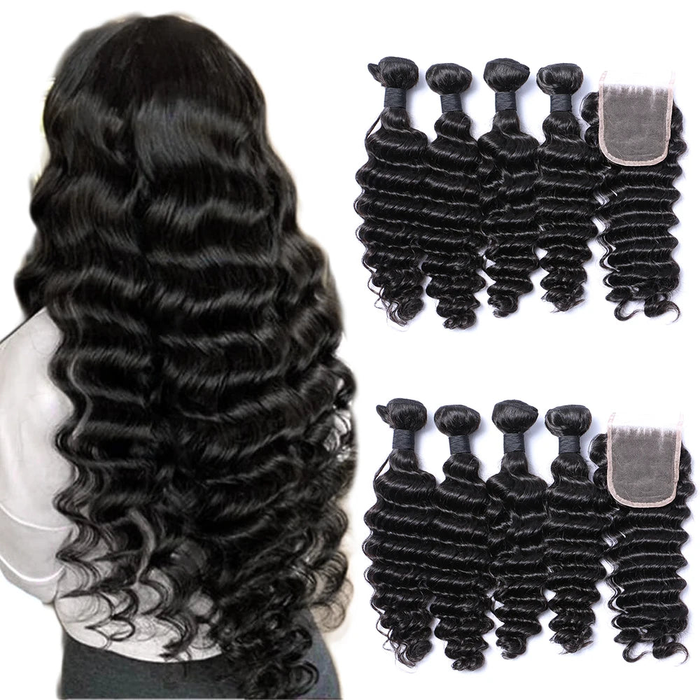 40 38 36 34 32 30 28 Inch Cheap Brazilian Hair Weave Bundles with Lace Closure Can Be Dyed Raw Virgin Brazilian Deep Wave Hair