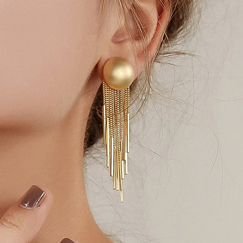 Europe Fashion 18K Gold Plated Ear Stud Earrings Jewelry Retro Gold Long Tassel Earrings for Women