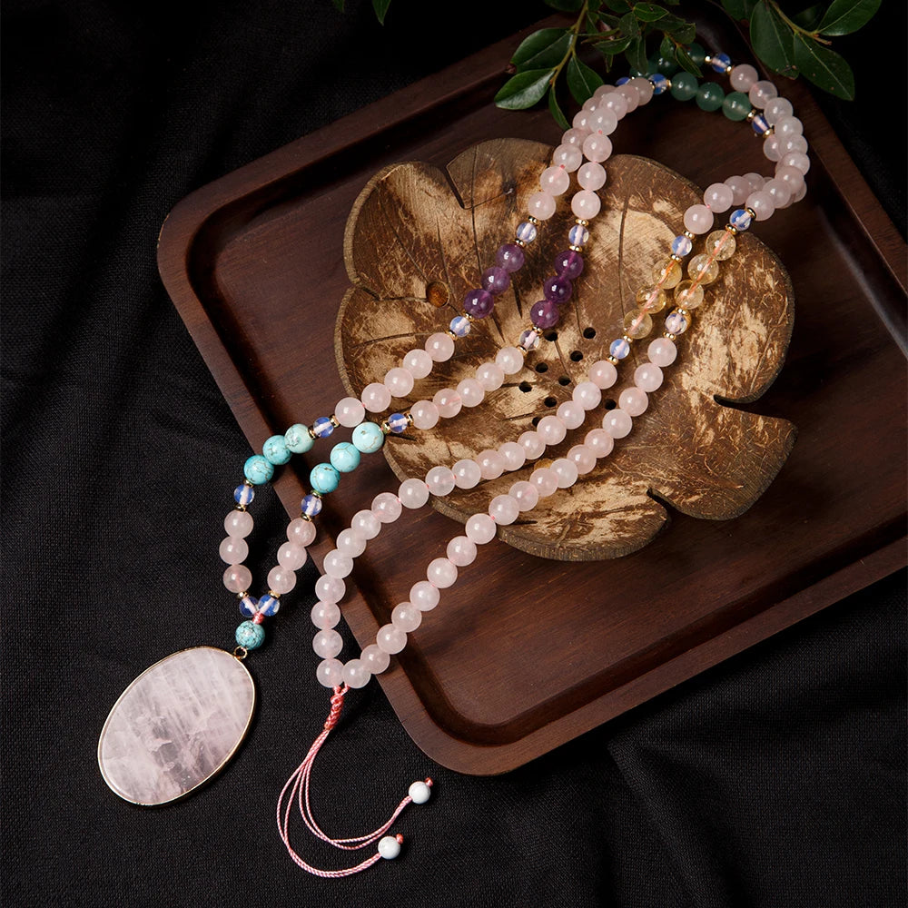8mm Rose Quartz Amethyst Citrine Turquoise Green Aventurine Natural Stone Buddha Beads Rosary Bracelet 108 Pcs Mala Necklace