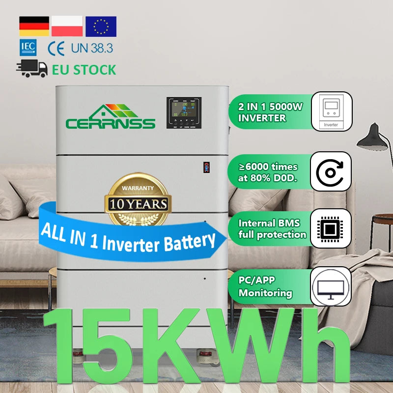 6000 Cycles 2 in 1 Solar Inverter Battery 5Kw 10Kw 15Kw Home Energy Storage 51.2V Stacked Rack LiFePO4 48V 300Ah LiFePO4 Battery