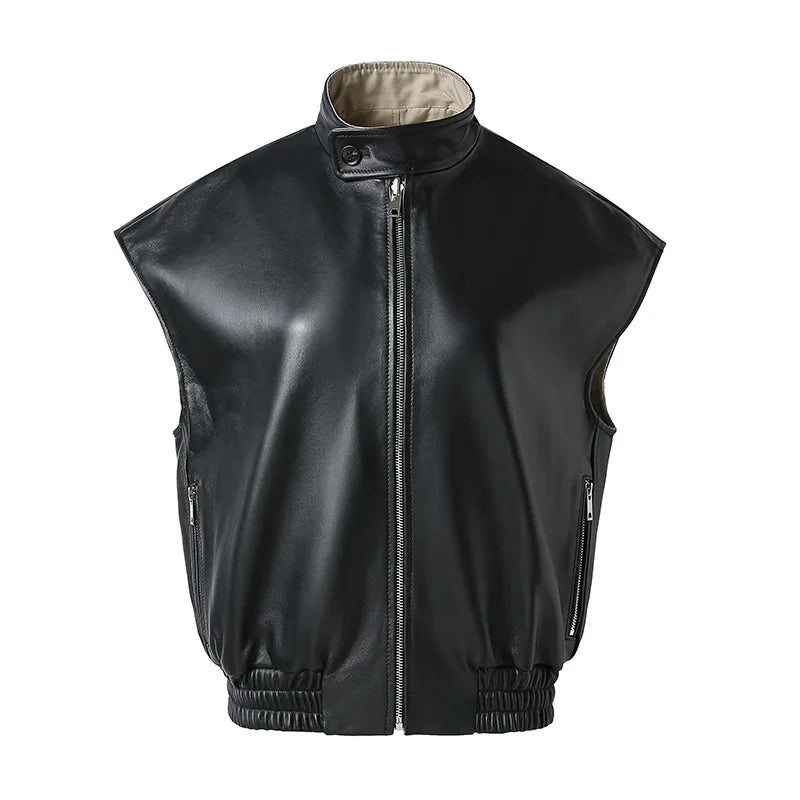 New Trends Reversible Genuine Sheep Leather Gilet Women Solid Color Leather Vest