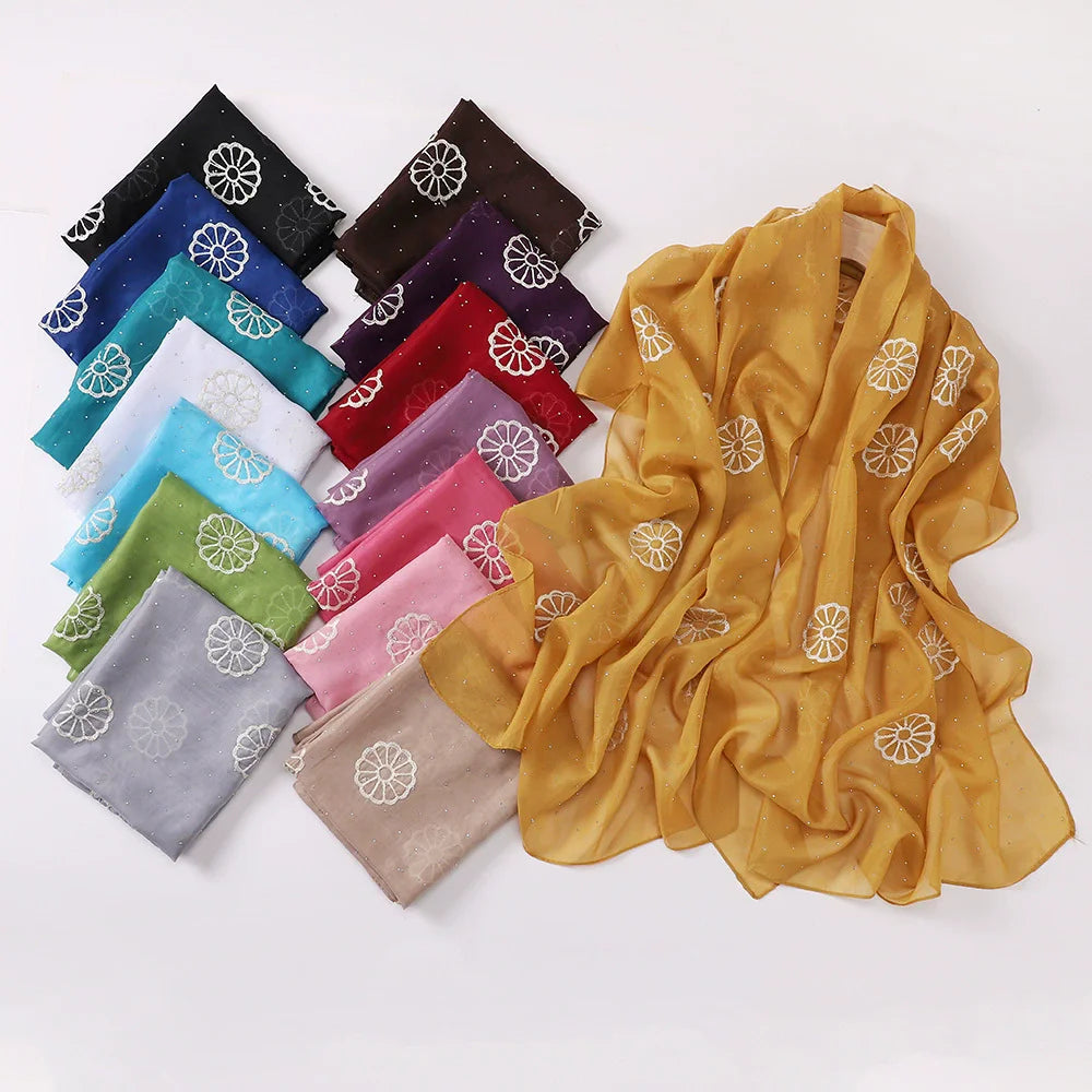 Women's Fashionable Chiffon Scarf with Embroidered Hot Drilling Design Traditional Shawl Accessory