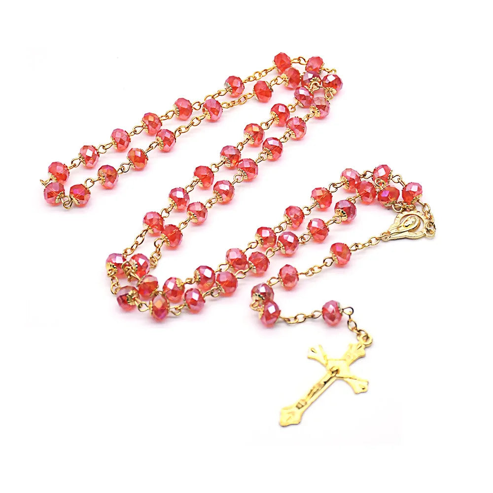 Factory Wholesale Red Rosary Necklace With Gold Accessories8mm Crystal Rosary