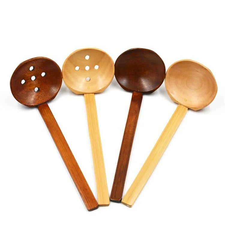 Japanese Style Eco-Friendly Natural Wooden Kitchen Utensil Soup Spoon Colander Spoon With Long Handle