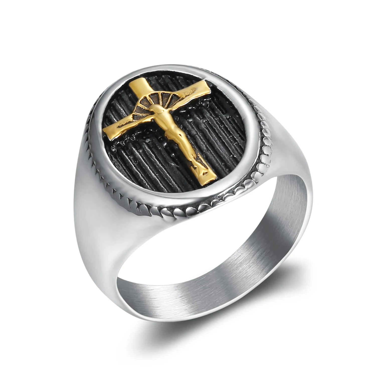 Gold Plated Jesus Christ Crucifix Cross Lords Prayer Benedict Religious God Blessing Christian Christmas Rings for Men Women