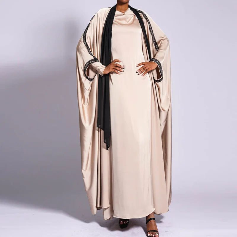 New Arrival Muslim Women 2 Piece Abaya Lace Butterfly Open Abaya Match Long Sleeve Inner Dress Satin Abaya Set
