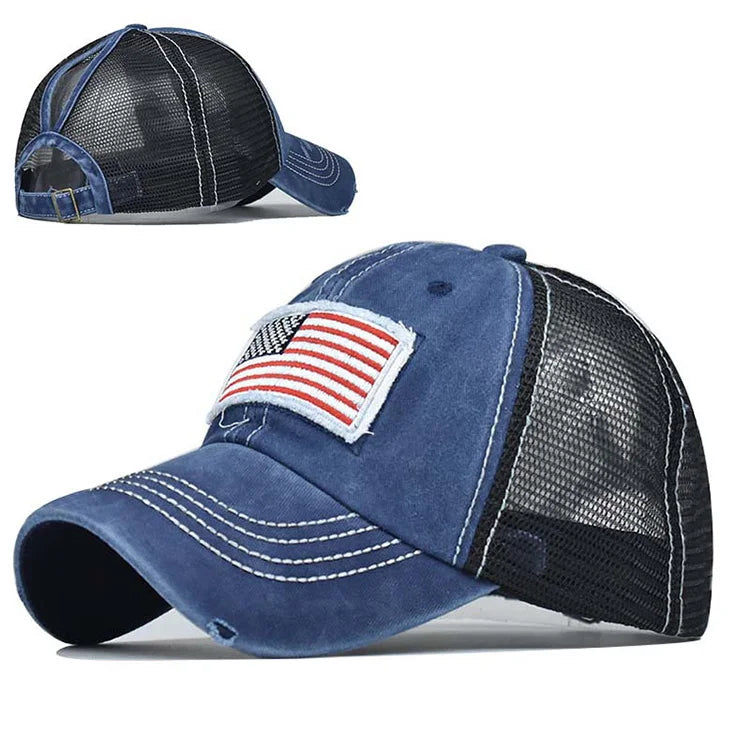 Cotton Wash Ponytail Hole Net Mesh Cap USA Flag Embroidered Trucker Hat Worn-out Breathable Baseball Cap for Women