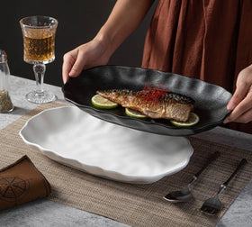 Ins High-end Black and White Frosted Ceramic Tableware Wholesale Household Simple Dishes Dishes Fish Plates