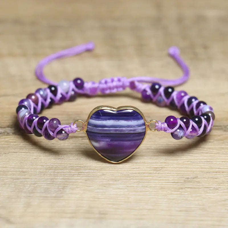 Personalized Purple Striped Agate Bracelet for Women Jewelry Valentines Gift Handwoven Adjustable Heart Dainty Beaded Bracelet