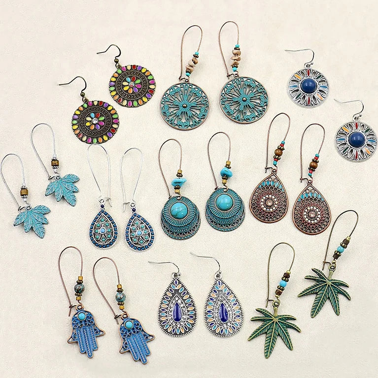 Bohemia Vintage Antique Bronze Turquoise Waterdrop Baroque Flower Fatima Hand Maple Leaf Pendant Women Boho Earring Jewelry