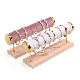 New Beautiful 1 Bar Gold Metal Wood Base Jewelry Bracelet Chains Display Stand Holder