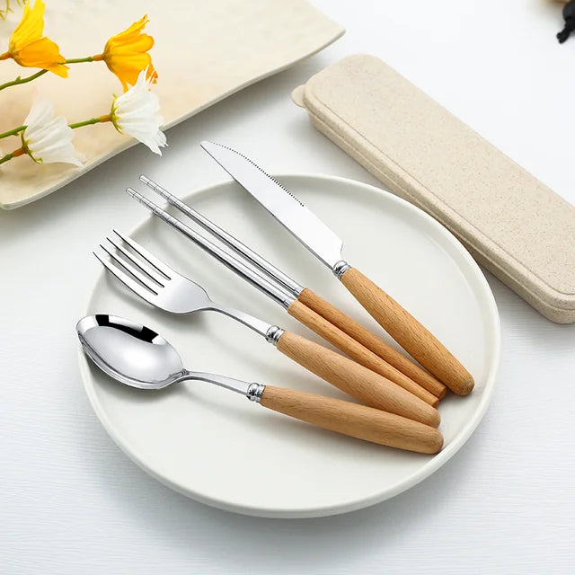Wood Handle Fork/spoon/knife/chopsticks Stainless Steel Flatware Set