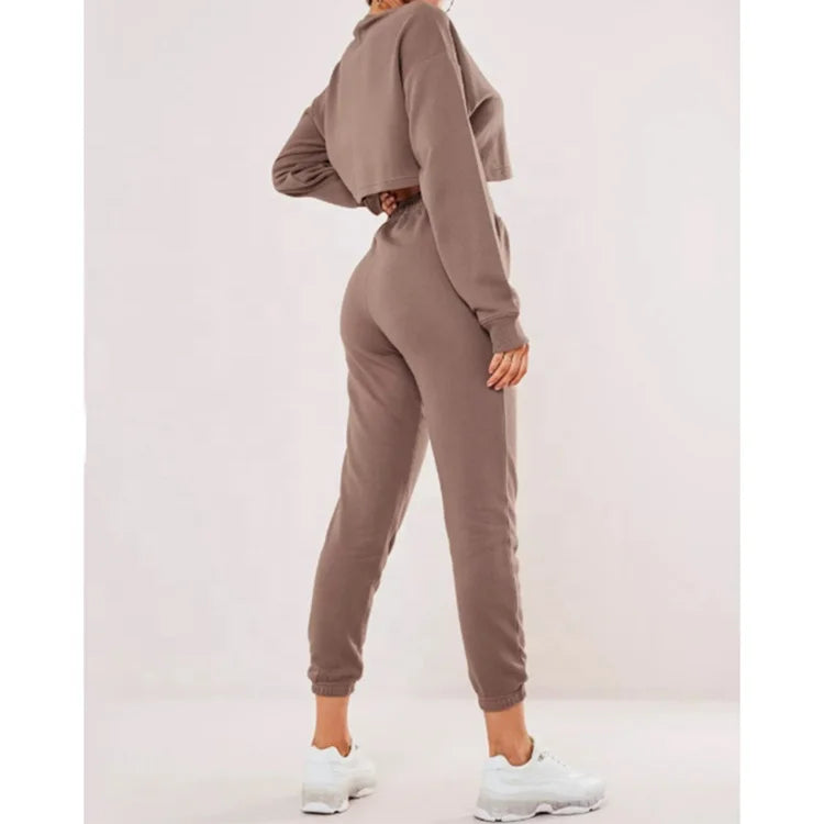 K210298 Women Casual Two Piece Sweat Set High Waist Pants Jogger Hoodie Sweatshirt Suit Outfits Tracksuit Crop Top Hoodie Set