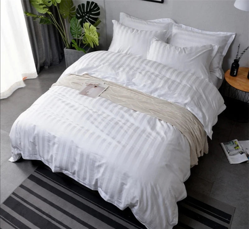 Hot Sale Home Textile 100%satin  Cotton Strip Luxury Comforter Bed Sheet Duvet Cover Pillowcase Bedding Set for Home Hotel