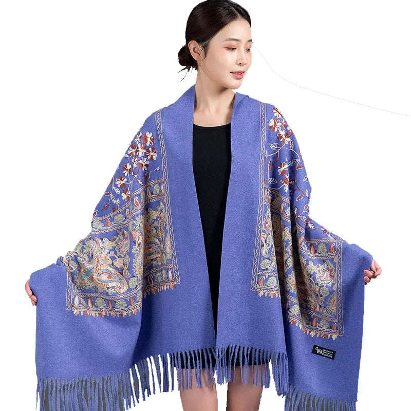 2025 Autumn/Winter Cashmere Warm Outerwear Embroidered Cloak Scarf Shawl for Women Long Tassel Pashmina