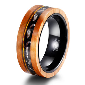 OAHLAN Fashion Jewelry 8mm Olive Wood Black Sand Metal Slag Guitar String Inlay Anti Rust Tungsten Carbide Rings for Men
