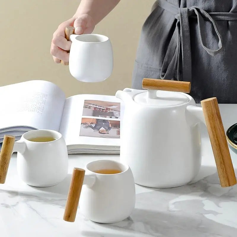 Drop Shipping Creative Chinese Fashion Double Tea Pot Kettle Fresh Japanese Marble Teapot Wooden Handle Coffee Tea Set Elegant