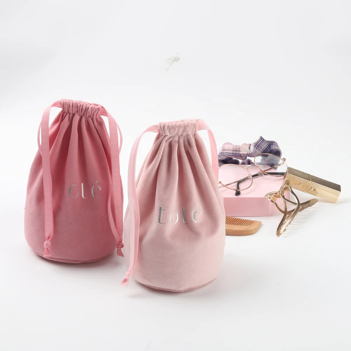 Round Bottom Pink Velvet Dust Pouch Cosmetic Drawstring Jewelry Gift Storage Bags