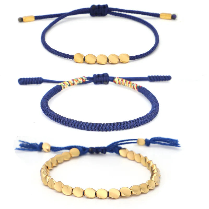 Colorful Adjustable Handmade Woven Stack Bracelets Sets With Charms Blue Different Thickness Cotton and Copper Beads for Ladies