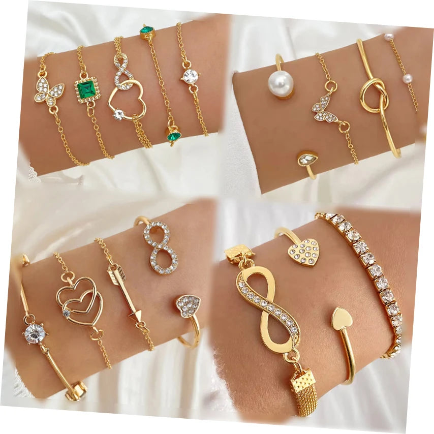 Fashion Crystal Peach Heart Open Butterfly Heart Charm Bangle Bracelet Set Multilayer Infinity Heart Bracelet for Women Jewelry
