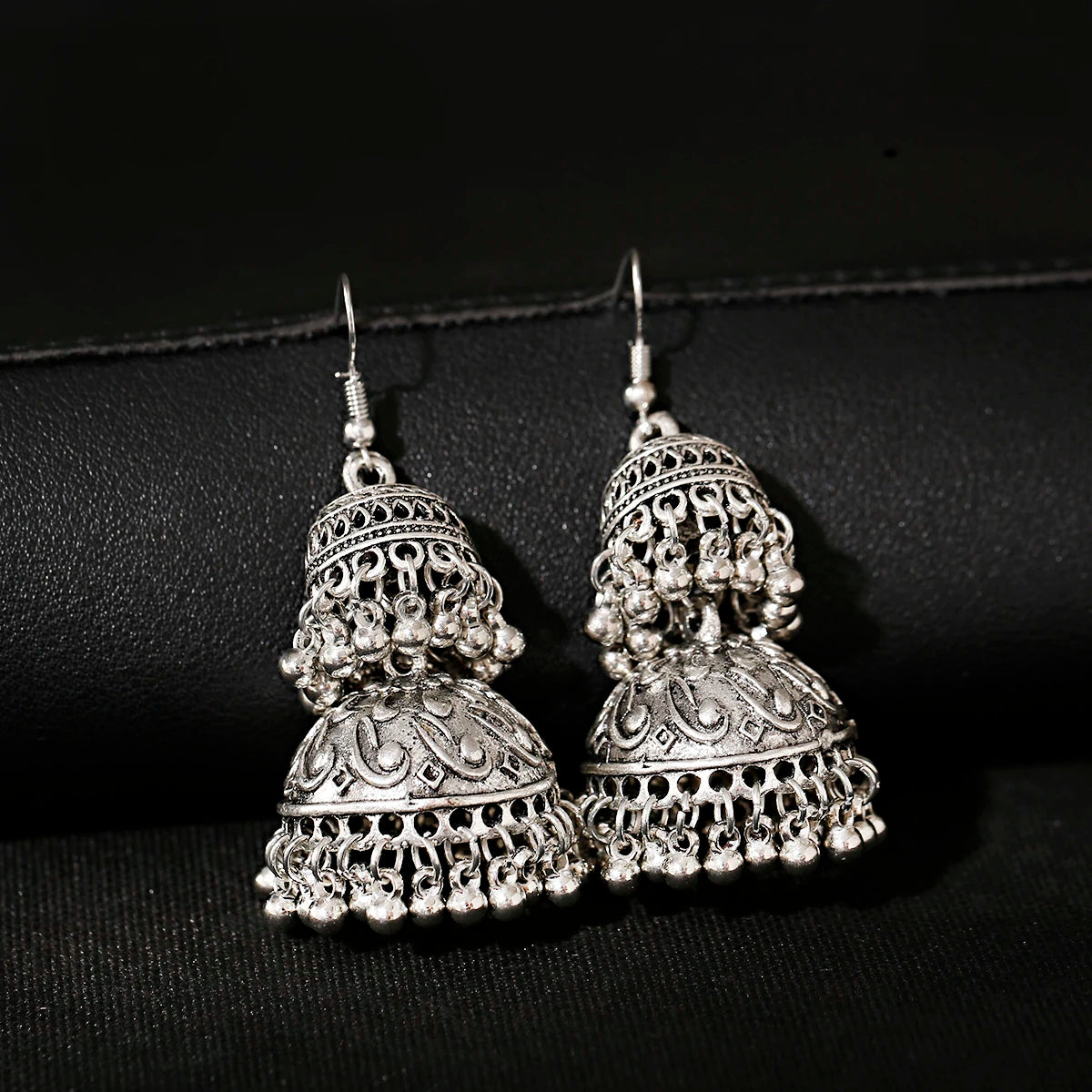 Vintage Tibetan Jewelry Silver Color Two Bells Tassel Drop Earrings Oxidized Carved Turkish Jhumka Earrings