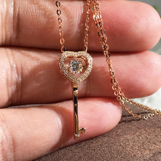 Huitan Sweet Key Hollow Heart Zircon Necklace Romantic Macro Pave Rose Gold Beautiful Necklaces for Women