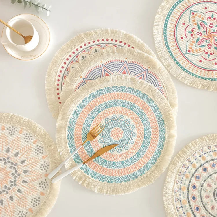 Boho Woven Round Braided Cotton Placemats Place Mats with Fringe for Dining Tables Heat Resistant Table Mats