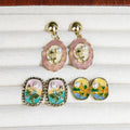 Latest Design Oil Painting Baroque Pearl Inlaid with Diamond Flower Pendant Earrings Tulip Sunset Monet's Garden Stud Earrings